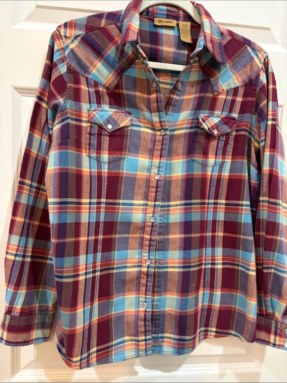 Women’s Wrangler Plaid Flannel Snap Front Shirt - Burgundy, Light Blue, Tan Sz L